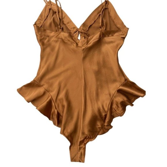 SKIMS Women's Silk Ruffle Loungewear Lingerie Teddy Bodysuit In Bronze Size M - Picture 8 of 9